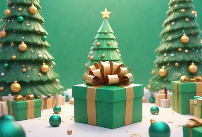The primary subject of the image is a green and gold Christmas tree. The setting is a green background, and the visual style is a digital art or illustration. The colors and mood of the image are festive and joyful, with the green and gold colors representing the holiday season.